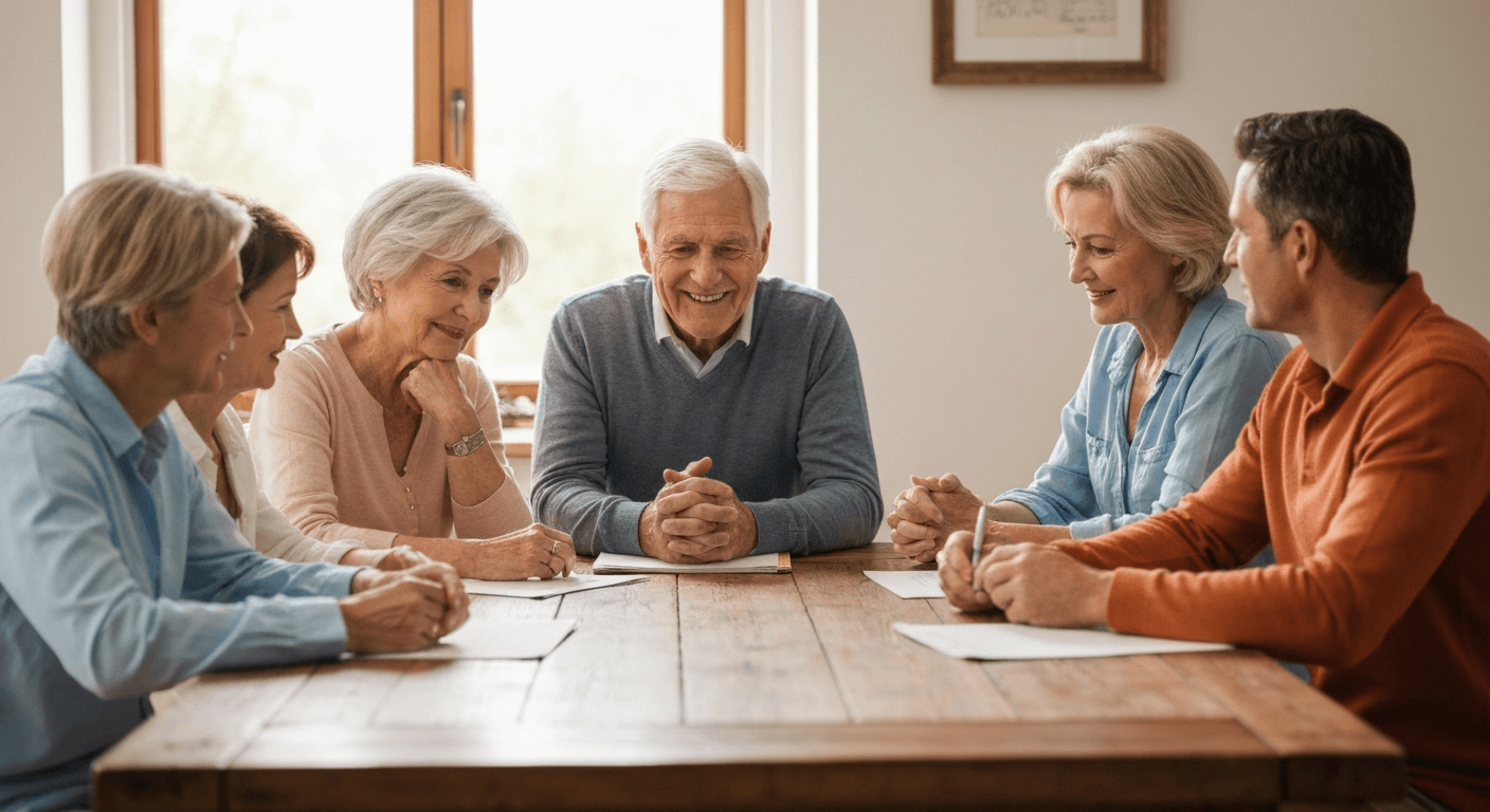 A happy couple in their 60s sitting at a kitchen table reviewing financial documents together